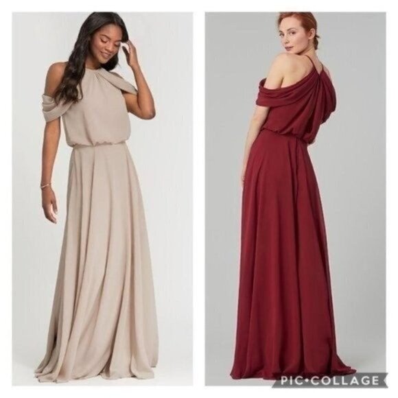 Kleinfeld Bridesmaid Cappuccino Sleeveless Chiffon Cold Shoulder 14 Maxi Dress - Picture 1 of 12